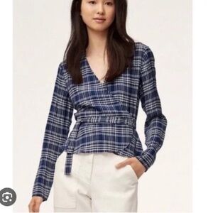 Aritzia WILFRED Free Shannon wrap plaid blouse long sleeves blue Size Medium